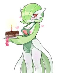apron archived_source blush bob_cut breasts cake candle chocolate_cake cleft_of_venus condom condom_wrapper drawfag dress female food gardevoir green_apron green_hair hair_over_one_eye heart highres holding holding_cake holding_food looking_at_viewer nipples pink_eyes pokemon pokemon_(creature) pussy simple_background smile sweat white_background white_dress