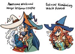 3girls breast_squish breasts dark_blue_hair elf_ears eyepatch female floating_hearts glasses hand_holding heart holding_hands kissing lesbian_couple mage mob_face mole mole_on_cheek murgoten red_hair simple_eyes text watching white_background white_hair witch witch_hat witch_hunter witch_hunter_(murgoten) yuri