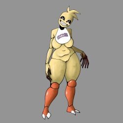 animatronic anthro avian avian_feet beakless bib big_breasts bird black_sclera breasts chica_(fnaf) chicken female five_nights_at_freddy's front_view galliform gallo_wazavi gallus_(genus) genitals grey_background head_feathers head_tuft hi_res inverted_nipples looking_at_viewer machine monster nipples nude phasianid robot scottgames simple_background smile solo thick_thighs tuft vulva white_eyes wide_hips