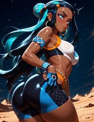ai_generated aqua_eyes aqua_hair armband armlet ass bare_shoulders belly_chain bike_shorts bikini black_hair blue_eyes blue_eyeshadow blue_gloves blue_hair blush breasts cameltoe closed_mouth clothing covered_nipples crop_top dark-skinned_female dark_skin desert earclip earrings eyeliner eyeshadow female female_only forehead gloves hair_bun hoop_earrings jewelry jousneystudio lips long_hair looking_back looking_down makeup medium_breasts midriff multicolored_hair necklace nessa nessa_(pokemon) night night_sky outdoors partially_fingerless_gloves pokemon pokemon_ss shiny_skin shorts single_glove single_hair_bun skindentation sky solo sports_bra sportswear star_(sky) starry_sky sweat swimsuit tankini thick_thighs thighs trembling twisted_torso two-tone_hair