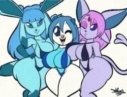 2025 3girls arms_behind_back artist_logo artist_name artist_signature big_ass big_breasts big_butt bikini bikini_bottom bikini_top black_eyelashes black_nose blowing_kiss blue_bikini blue_bikini_bottom blue_bikini_top blue_breasts blue_pupils breasts dark_blue_bikini digital_drawing_(artwork) digital_media_(artwork) eeveelution espeon eyelashes female game_freak generation_2_pokemon glaceon hands_on_hips hi_res jewel_on_forehead light_blue_body light_blue_fur light_blue_hair long_ears long_hair long_tail looking_at_viewer nintendo one_eye_closed one_eye_open open_mouth open_smile oshawott pink_eyeshadow pink_hair pokémon_(species) pokemon pokemon_(species) pokethot's purple_body purple_fur simple_background smiling smiling_at_viewer tansau thick_thighs trio two_tone_body two_tone_fur white_background white_body white_skin wink winking winking_at_viewer