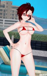 1girls arrancon bikini bikini_bottom bikini_top black_hair black_hair_female breasts glasses hand_on_hip posing red_highlights ruby_rose rwby showing_nipple silver_eyes small_bikini solo_female
