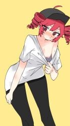 +_+ 1girls 2d 2d_(artwork) ahoge ahoge_through_hat areolae artist_request ass_visible_through_thighs bending_forward blush blush_lines blushing_profusely breasts clothed clothed_female clothing curvy curvy_female curvy_figure embarrassed embarrassed_female female female_only flashing flashing_breasts grabbing_own_thigh hat kasane_teto kasane_teto_(sv) leaning_forward leggings mv_character nipples no_bra override_(synthesizer_v) oversized_shirt petite petite_body petite_female red_eyes red_hair shirt simple_background skinny skinny_girl slim_girl slim_waist small_breasts solo solo_female sweat sweating synthesizer_v thick_thighs thighs tight_leggings tight_pants twin_drills utau wide_hips yellow_background yoga_pants