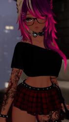 bell_collar belly_piercing belt bouncing_breasts breasts breasts_out cat_ears catgirl choker collar cropped_shirt female garter_belt garter_straps glasses horny horny_female lip_piercing nipple_piercing nipples pink_eyes pink_hair plaid_skirt purple_hair seduction seductive shirt_lift skirt spikes submissive submissive_female surprise tagme tan_body tan_skin tattoo tattoo_on_legs tattooed_arm tattoos tease video vrchat vrchat_avatar white_eyes white_hair