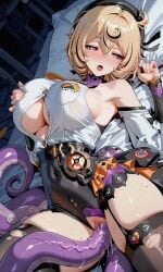 ai_art ai_generated bed bedroom belly_button_visible_through_clothing big_breasts big_thighs blonde_hair blush breasts button_down_shirt buttons clothed clothed_masturbation clothing exposed_shoulders fingernails frills grabbing grabbing_own_breast hat hoyoverse looking_pleasured octopus_girl on_back on_bed open_mouth pussy pussy_juice sagoaiil shirt_pocket short_hair sideboob stockings suction_cups sweat sweatdrop tentacle tentacle_in_pussy tentacle_masturbation tentacle_penetration tentacle_tail thigh_gap thigh_squish thiren torn_clothes torn_stockings underboob vagina vaginal_penetration yidhari_(zenless_zone_zero) zenless_zone_zero