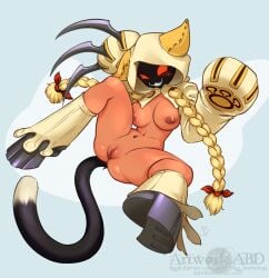 abluedeer arc_system_works black_tail blazblue blonde_hair blush breasts dipstick_tail felid female hair hi_res humanoid kaka_(blazblue) mammal markings navel nipples one_eye_closed red_eyes solo spread_legs spreading tail tail_markings taokaka wink