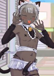 1boy animal_ears asymmetrical_bangs bad_id bad_twitter_id bell black_panties black_sleeves blush bulge cat_ears cat_tail claw_pose closed_eyes cross cross_pasties dark-skinned_male dark_skin detached_sleeves ear_piercing erection erection_under_clothes grey_hair highleg highleg_panties highres inactive_account jingle_bell male_focus miniskirt navel neck_bell o-ring open_mouth original outdoors panties pasties penis_in_panties piercing side-tie_panties skirt solo stomach tail tajmahalchiba teeth thigh_strap tongue trap underwear upper_teeth_only white_skirt