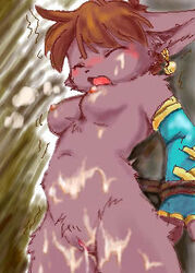 blush bondage breasts brown_hair cum cum_covered danae female furry hair legend_of_mana messy momiji_yu-ga nipples panting pussy rope short_hair solo standing