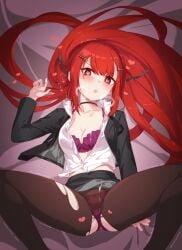 black_choker black_jacket black_necktie black_skirt bra breasts choker clothes_lift collared_shirt commentary_request commission cum cum_on_body cum_on_breasts cum_on_clothes cz75_(cz75_does_not_work_overtime)_(girls'_frontline) cz75_(girls'_frontline) female girls'_frontline hair_ornament hairclip heart heart-shaped_pupils heavy_breathing highres jacket long_hair looking_at_viewer lying necktie official_alternate_costume on_back open_clothes open_jacket open_mouth panties pantyhose partially_unbuttoned pencil_skirt pixiv_commission purple_bra red_eyes red_hair red_panties ryuutai_no_kimagure shirt skirt skirt_lift small_breasts solo spread_legs symbol-shaped_pupils torn_clothes torn_pantyhose underwear undone_necktie white_shirt