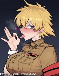 1female 1girls 2d 2d_(artwork) ai_generated alternate_breast_size big_breasts blonde_female blonde_hair blonde_hair_female blowjob blowjob_gesture hellsing hellsing_ultimate high_resolution highres large_ass large_breasts patreon patreon_username ryogangg seras_victoria short_hair thick_thighs uniform wide_hips