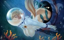 1boy 1girls animal_ears animal_humanoid ass blue_skin bodysuit breasts brown_hair cephalopod coral cum cum_in_helmet duo ejaculation female helmet humanized interspecies light-skinned_female light_skin male male/female mammal mammal_humanoid marine nickelodeon octopodiform octopus panties rodent rodent_humanoid sandy_cheeks sciurid sciurid_humanoid sex spongebob_squarepants squidward_tentacles squirrel squirrel_humanoid straight straight_sex tail tentacle tentacle_sex themaestronoob underwater water white_bodysuit