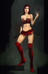 1girls 2d 2d_(artwork) big_breasts black_panties boots breasts female goth goth_girl green_eyes heels looking_at_viewer magic magical_girl makeup net obscure pierced_nose piercing red_bra red_hair red_shorts shannon_matthews solo solo_female solo_focus