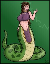 absurd_res apode areola big_breasts breasts brown_hair clothed clothing draconcopode female forked_tongue green_body green_scales hair hi_res humanoid lamia legless looking_at_viewer navel nipples pupils reptile scales scalie serpentine shaded simple_background skimpy slit_pupils smile snake solo spesssmutcentral split_form tail tongue tongue_out translucent translucent_clothing under_boob