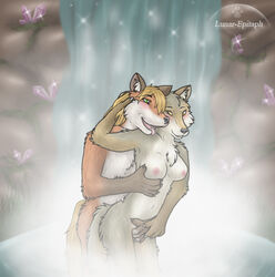 anthro blush breasts canine color coyote day female fingering fox from_behind fur furry grope lunar_epitaph male masturbation nude outdoors sex straight water waterfall wet