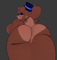 3d_(artwork) anthro ass bear bedroom_eyes big_butt black_eyeshadow blue_eyes brown_body brown_fur brown_hair brown_nipples butt_focus clothing cryptiacurves dark_nipples digital_media_(artwork) eyeshadow fazclaire's_nightclub female five_nights_at_freddy's freddy_(fnaf) frenni_(cryptiacurves) fur genitals grey_background grin grinning_at_viewer hair hat headgear headwear looking_at_viewer looking_back looking_back_at_viewer looking_down looking_down_at_viewer low-angle_view makeup mammal mtf_crossgender narrowed_eyes nipples nude nude_anthro nude_female ponytail rear_view rule_63 scottgames scut_tail seductive sharp_teeth short_tail simple_background smile smiling_at_viewer solo tail teeth thick_thighs top_hat vulva