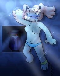 2girls blue_panties bondage bubbles chained drowning impending_death looking_up mach_(regretevator) panties panties_only peril reaching_out regretfulfetishist salmon_hair stat_(regretevator) torture underwater water