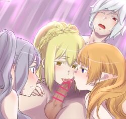 1boy 3girls airmid_teasanare aiz_wallenstein bell_cranel blonde_hair blue_eyes censor_bar double_fellatio dungeon_ni_deai_wo_motomeru_no_wa_machigatteiru_darou_ka elf elf_female erection fffm_foursome harem human_female human_male lefiya_viridis light-skinned_female light-skinned_male nude_female nude_male orange_hair penis pubic_hair purple_eyes red_eyes rika_rkgk silver_hair white_hair wince yellow_eyes
