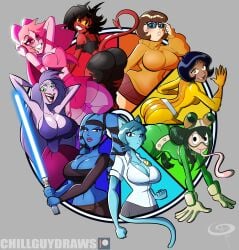 2020s 2_bodysuits 8girls :) aayla_secura alex_(totally_spies) alien_girl armpits arms_up ass bangs big_ass big_breasts black_hair blue_lightsaber blue_skin bodysuit boku_no_hero_academia breasts brown_eyes brown_hair cartoon_network cat_ears cat_tail catgirl chillguydraws cleavage clothed clothing color_wheel_challenge crossover curvy dark-skinned_female dark_blue_body dark_blue_skin dark_skin dark_skinned_female demon_girl demon_horns demon_tail disney disney_villains freckles froppy frostbiteboi glasses goggles_on_head green_eyes grey_background headset helluva_boss hero_outfit_(mha) heroine horns house jumpsuit lavender_body lavender_skin light-skinned_female light_blue_body light_blue_skin light_skin lightsaber lipstick long_tongue looking_at_viewer madam_mim mature_female milf millie_(helluva_boss) miss_heed_(villainous) my_hero_academia navel nicole_watterson_(anime) older_female older_female_and_younger_female open_mouth pink_body pink_skin png purple_body purple_hair purple_skin red_body red_eyes ripped_pants scooby-doo shonen_jump skirt smile sorceress star_wars sweater tagme tail tan-skinned_female tan_body tan_skin tank_top the_amazing_world_of_gumball the_sword_in_the_stone tongue_out topless totally_spies tsuyu_asui twintails velma_dinkley villainous warner_bros watermark yellow_jumpsuit younger_female