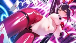 animal_ear_hairband animal_ears arm_up black_hair breasts card colored_inner_hair commentary_request fake_animal_ears female floating_card goddess_of_victory:_nikke hairband heart_maebari heart_pasties highres large_breasts leggings leotard maebari mole mole_under_breast multicolored_hair official_alternate_costume pasties playboy_bunny playing_card rabbit_ear_hairband rabbit_ears red_hair red_leggings reverse_bunnysuit reverse_outfit rouge_(nikke) rouge_(unlucky_rabbit)_(nikke) short_hair shrug_(clothing) solar_(happymonk) solo spade_pasties thigh_strap thighs two-tone_hair yellow_eyes