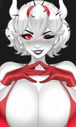 absurd_res absurdres beelzebub_(helltaker) big_breasts black_and_white_body black_eyeshadow black_lips black_lipstick breast_squish breasts burningaq burningaq_(artist) cleavage demon demon_girl demon_horns earrings eyeshadow fangs fly_girl freckles freckles_on_breasts freckles_on_face glowing_eyes hands_over_breasts hands_together helltaker huge_breasts lips lipstick monochrome red_bra red_clothing red_eyes red_gloves seductive seductive_look smirk teeth teeth_showing thick_eyebrows thorns white_earrings white_hair white_horns wink winking_at_viewer