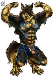 1boy anthro aokmaidu biceps canine claws fangs flexing fur furry green_eyes grin looking_at_viewer male male_only muscles nipple_piercing nipple_ring nipples penis piercing presenting solo tail wolf