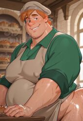 1boy ai_generated apollo_light apron baker bakery blush chubby cinderella_(1950_film) civitai disney gay ginger green_eyes green_shirt light_skin looking_at_viewer male male_only moobs nipples_visible_through_clothing solo sweat sweatdrop the_baker_(cinderella)