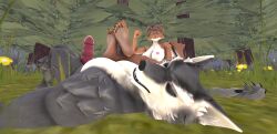 1boy1girl anthro barefoot defeat defeated defeated_male erection female foot_fetish foot_focus forest furry k.o. knocked_out male naked nipples nude predator/prey squirrel story_in_description tribal unconscious wolf