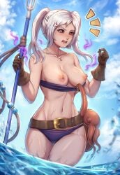 anger_vein angry assisted_exposure aura belt bikini breasts brown_gloves collarbone commentary corruption dark_aura dark_persona english_commentary evomanaphy female fire_emblem fire_emblem_awakening fire_emblem_heroes gloves highres holding holding_weapon jewelry medium_breasts navel necklace nintendo o-ring o-ring_bikini o-ring_top ocean octopus official_alternate_costume open_mouth outdoors polearm purple_bikini red_eyes robin_(fire_emblem) robin_(fire_emblem)_(female) rope slit_pupils solo standing stomach swimsuit thick_thighs thighs toned trident twintails water weapon wet white_hair