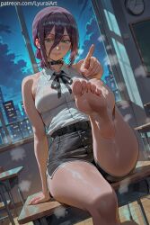 1female 1girl 1girls 2025 absurd_res absurd_resolution absurdres ai ai_art ai_generated anime anime_character asymmetrical_bangs asymmetrical_hair bare_arms bare_legs bare_shoulders bare_thighs barefoot belt black_belt black_bowtie black_choker black_shorts blush bomb_devil bomb_devil_(chainsaw_man) bowtie bun_hair chainsaw_man choker curvaceous curvy curvy_female curvy_figure dark_purple_hair feet female female_focus female_only foot_fetish green_eyes hair_bun hi_res high_quality high_resolution highres indoors inside light-skinned_female light_skin looking_at_viewer lyuraiart manga manga_character mappa messy_hair multicolored_hair night night_sky no_shoes no_socks patreon patreon_url patreon_username petite petite_body petite_female pointing pointing_at_viewer purple_eyebrows purple_eyelashes purple_hair reze_(chainsaw_man) russian russian_female school schoolgirl sharp_eyes shiny_clothes shiny_hair shiny_skin shirt shonen_jump short_hair shorts sitting sitting_on_desk small_breasts smirk smirking smirking_at_viewer sole_female soles solo solo_female solo_focus steam steaming_body steamy straight_hair sweat sweatdrop sweating sweaty sweaty_body sweaty_foot sweaty_shirt sweaty_thighs teasing teasing_viewer thick thick_thighs thighs thin_eyebrows toes watermark wet_shirt white_shirt wide_hips