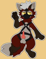 absurd_res animal_genitalia anthro balls bondage bondage_gear bound canid canine erection fox fur genitals gesture hair half-closed_eyes hand_gesture hi_res knot knotted_penis male mammal muzzle_(object) muzzled narrowed_eyes penis red_body red_fox red_fur restraints rookspirit sheath solo tail true_fox v_sign white_hair yellow_eyes