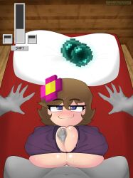 1boy 1girls alternate_version_available between_breasts big_breasts blush boobjob boobs_bigger_than_head breast_squeeze breasts breasts_out donita_nsfw female female_focus jenny_belle_(slipperyt) looking_at_viewer minecraft mojang paizuri pov pov_male smug sweat sweatdrop sweating sweaty sweaty_body sweaty_breasts titjob