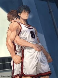 2boys basketball_uniform biceps big_bulge black_eyes black_hair blush blushing_profusely brown_hair bulge bulge_through_clothing clenched_hand closed_eyes collarbone ebitendon erection erection_under_clothes fully_clothed gay glasses handjob hi_res holding_penis looking_at_another male male/male male_only masturbating_other muscles muscular muscular_arms muscular_male original original_character outdoors panting pecs resisting_orgasm shadow short_hair shorts standing steam steamy_breath sunlight sweat sweatdrop sweating sweaty tanktop torakitchen torakitchen_(ebitendon) triceps yaoi