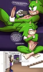 angry anthro archie_comics baguette balls big_penis bottomwear bread cellphone chair clothed clothing comic controller crossed_arms dialogue digital_media_(artwork) electronics english_text erection eulipotyphlan fan_character fingers food footwear fur furniture genital_piercing genitals gloves green_body grocery_bag hair half-closed_eyes handwear hedgehog hi_res holding_cellphone holding_object holding_phone holding_smartphone humanoid_genitalia humanoid_penis jackofak looking_at_porn male mammal masturbation narrowed_eyes nipple_piercing nipples open_mouth penile penile_masturbation penis penis_piercing phone piercing pornography prince_albert_piercing profanity remote_control scourge_the_hedgehog sega sharp_teeth shoes shorts simple_background sitting sittings smartphone smile socks sonic_the_hedgehog_(archie) sonic_the_hedgehog_(comics) sonic_the_hedgehog_(series) speech_bubble tail teeth text topless topless_anthro topless_male topwear