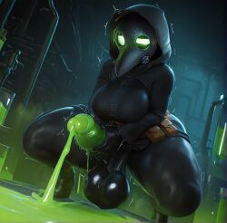 1girls 3d ai_generated coat futanari glowing_cum glowing_eyes glowing_penis green_cum green_penis hood_up huge_balls mask obscured_face plague_doctor plague_doctor_mask very_dark_skin