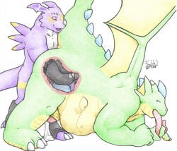 2008 anal anal_fisting anal_sex anal_vore anthro brokenwing cum digimon dragoneer_(character) fisting flamedramon freckles_(artist) furry internal male male_only penetration penis threesome vore what x-ray