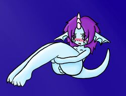 1boy anthro ass balls blue_eyes blush cute dragon equine femboy flaccid horns male male_only nude ooara penis scalie short_hair solo tail thighs trix_the_cat unicorn unigan wide_hips