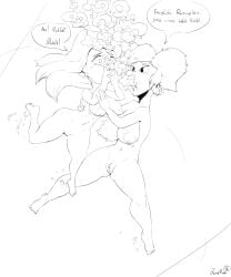 2girls age_difference air_bubbles anthro asphyxiation barefoot big_breasts breasts bubbles byondrage disney domestic_dog drowning feet female goof_troop huge_breasts mature_female milf navel nipples nude peg_pete peril pussy roxanne_(goof_troop) skinny_dipping swimming teenager underwater underwater_peril water