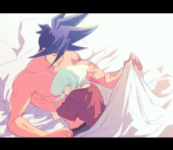 2boys after_sex androgynous bed bedroom bob_cut clothed clothing femboy galo_thymos hugging hugging_another hugging_partner lio_fotia male promare short_hair size_difference twink yaoi