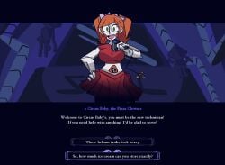 boy_saltiest circus_baby circus_baby_(fnaf) english english_text five_nights_at_freddy's green_eyes helltaker helltaker_(style) microphone mysaltisexposed orange_hair pigtails red_clothing robot robot_girl robot_humanoid solo twintails