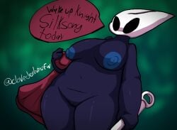 anthro background belly big_breasts big_nipples big_thighs chubby chubby_female clothing clothing_removed clovedex_(artist) completely_naked completely_nude completely_nude_female female female_only holding_weapon hollow_knight hollow_knight:_silksong hornet_(hollow_knight) mother_horse_eyes nipples pussy silksong sword text weapon