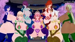 7girls big_ass big_breasts big_nipples bimbo breasts churled dark_skin eremite_floral_ring-dancer_(genshin_impact) female female_only genshin_impact girls_only gloves grey_skin gstring hoyoverse huge_ass huge_breasts jean_gunnhildr jjzgod leopard_print light_skin long_gloves long_socks looking_at_viewer mavuika_(genshin_impact) micro_bikini mihoyo multiple_girls ningguang_(genshin_impact) posing rosaria_(genshin_impact) socks squatting yae_miko yelan_(genshin_impact)