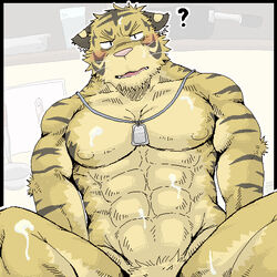 1boy anthro blush buh bukkake confused cum dog_tags feline fur furry male male_only messy misokemo muscles nude solo tiger