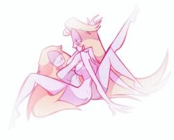 2girls 2milfs ass blonde_hair blush breasts eve_(hazbin_hotel) hands_around_neck hazbin_hotel hellisheve_(artist) laying_down lilith_morningstar_(hazbin_hotel) mature_female milf milfs mother nude romantic romantic_couple smile wife wife_and_wife yuri