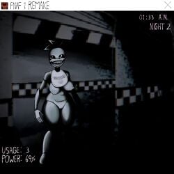 animatronic anthro areola avian beakless bib big_breasts bird black_sclera breasts camera_view chica_(fnaf) chicken female five_nights_at_freddy's front_view galliform gallo_wazavi gallus_(genus) gameplay_mechanics genitals head_feathers head_tuft hi_res machine monster nipples nude open_mouth open_smile phasianid robot scottgames smile solo text thick_thighs tuft vulva white_eyes wide_hips