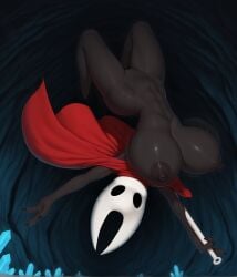 3_fingers abs absurd_res action_pose ai_generated anthro arthropod ass athletic athletic_female bent_legs big_breasts big_butt big_nipples black_body black_eyes black_nipples bodily_fluids bouncing_breasts breasts cavern claws clothing crystal curvy_figure dark_background empty_eyes erect_nipples female fingers genitals glistening glistening_body hi_res holding_object holding_weapon hollow_knight hornet_(hollow_knight) huge_breasts innie_pussy insects jumping looking_at_viewer midair mostly_nude motion_lines nipple_dip nipples pose pussy red_cloak red_clothing small_waist solo spread_arms sweat sweaty_breasts thick_thighs underground upside-down weapon white_head wide_hips