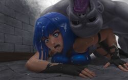 1girls 1other absurd_res absurdres all_fours ass blue_eyes blue_hair breast_press breasts bukkake crying crying_with_eyes_open cum cum_on_face cum_on_hair dark-skinned_female dark_skin defeated defeated_heroine drooling elazra_(limgae) female grey_body grey_skin hi_res high_resolution highres horror imminent_rape imminent_sex limgae looking_at_another looking_away monster oral original saliva tongue tongue_out top-down_bottom-up