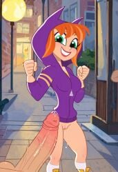 1boy 1girls ai_generated ass barbara_gordon batgirl bottomless cartoon_network dc_comics dc_super_hero_girls excited hoodie looking_at_viewer night partially_clothed partially_nude penis precum pussy street streets warner_brothers wet_pussy