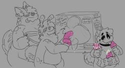 4_arms ambiguous_gender antennae_(anatomy) anthro anus arachnid arthropod ass balls bee bodily_fluids bucket colored_feces container ear_piercing ear_ring english_text feces feces_as_food food fur genital_fluids genitals goopysecrets group hair hand_on_butt holding_bucket holding_container holding_food holding_ice_cream_cone holding_object hymenopteran ice_cream_cone ice_cream_scat insects male male_pooping monochrome multi_arm multi_eye multi_limb narrowed_eyes penis perineum piercing pink_feces pooping_in_ice_cream_cone precum ring_piercing scat scatplay smile spider tail text tongue tongue_out unusual_feces