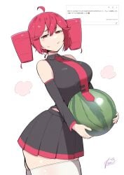 :/ ahoge artist_request bare_shoulders black_shirt black_skirt closed_mouth collared_shirt cowboy_shot detached_sleeves drill_hair female food fruit hair_between_eyes half-closed_eyes highres holding holding_food holding_fruit holding_watermelon kasane_teto kooei long_sleeves looking_at_viewer necktie pleated_skirt red_eyes red_hair red_necktie request_inset ring_light_reflection shirt signature skirt solo standing sweat thick_thighs thighhighs thighs twin_drills utau watermelon white_background white_thighhighs