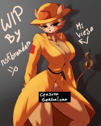 absurd_res anthro big_breasts breasts brennan_d_vries brown_body brown_fur censor_bar censored clothing digital_media_(artwork) english_text evita_fuegos felid feline felis female firefighter firefighter_helmet firefighter_jacket firefighter_outfit firefighter_uniform fur hi_res huge_breasts humanoid looking_at_viewer mammal nuevoleon signature simple_background solo spanish_text tagme tail text thick_thighs unfinished uniform